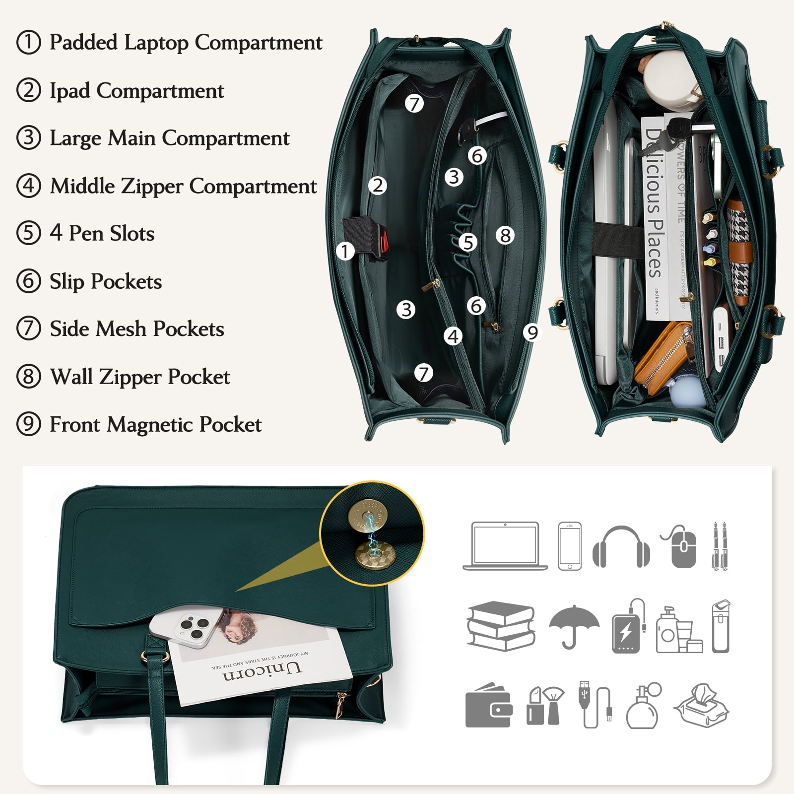 RAINSMORE Women's Handbag 15.6 Inch Leather Tote Bags Waterproof Laptop Briefcase Office Business Work Travel Handbag for College Teacher