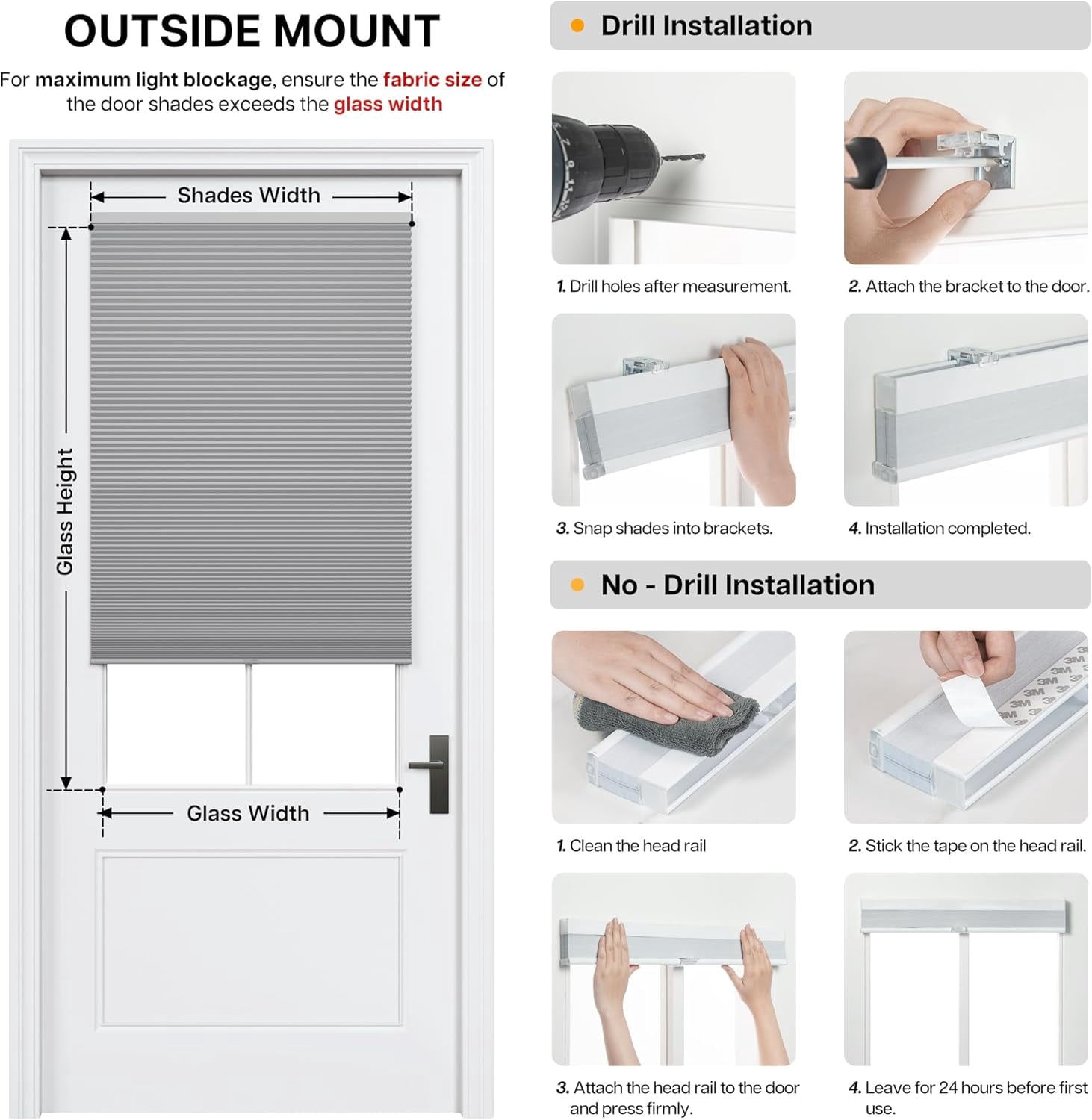 LazBlinds Cordless Cellular Shades for French Doors, No Drill French Door Blinds for Privacy, Blackout Light Blocking Honeycomb Shades for Sliding Doors Front Door Patio, 1 Pack, 25" W x 70" H, White