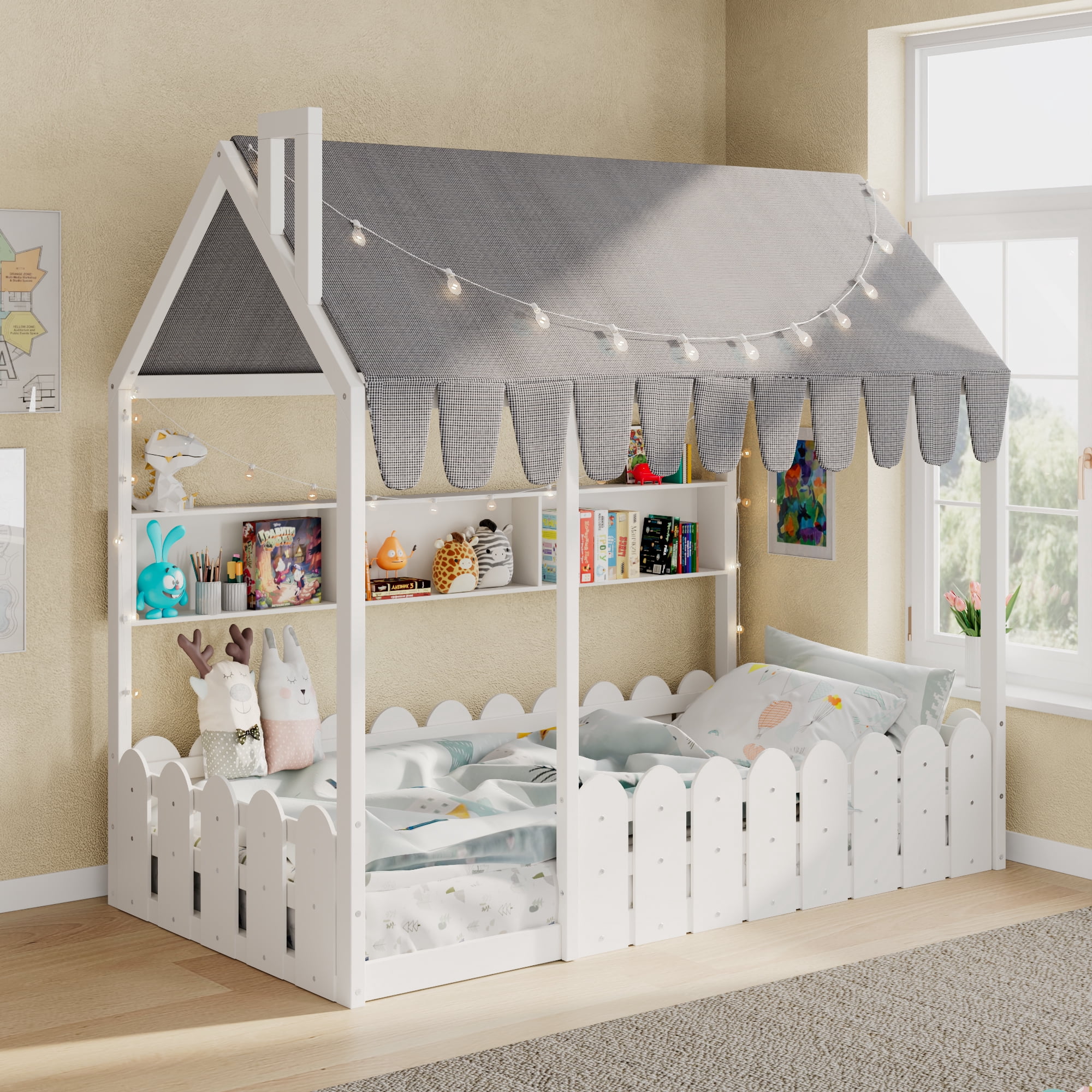 Sailvan Twin Size Montessori House Bed for Kids, Floor Bed with Fence Railings, Slats not included