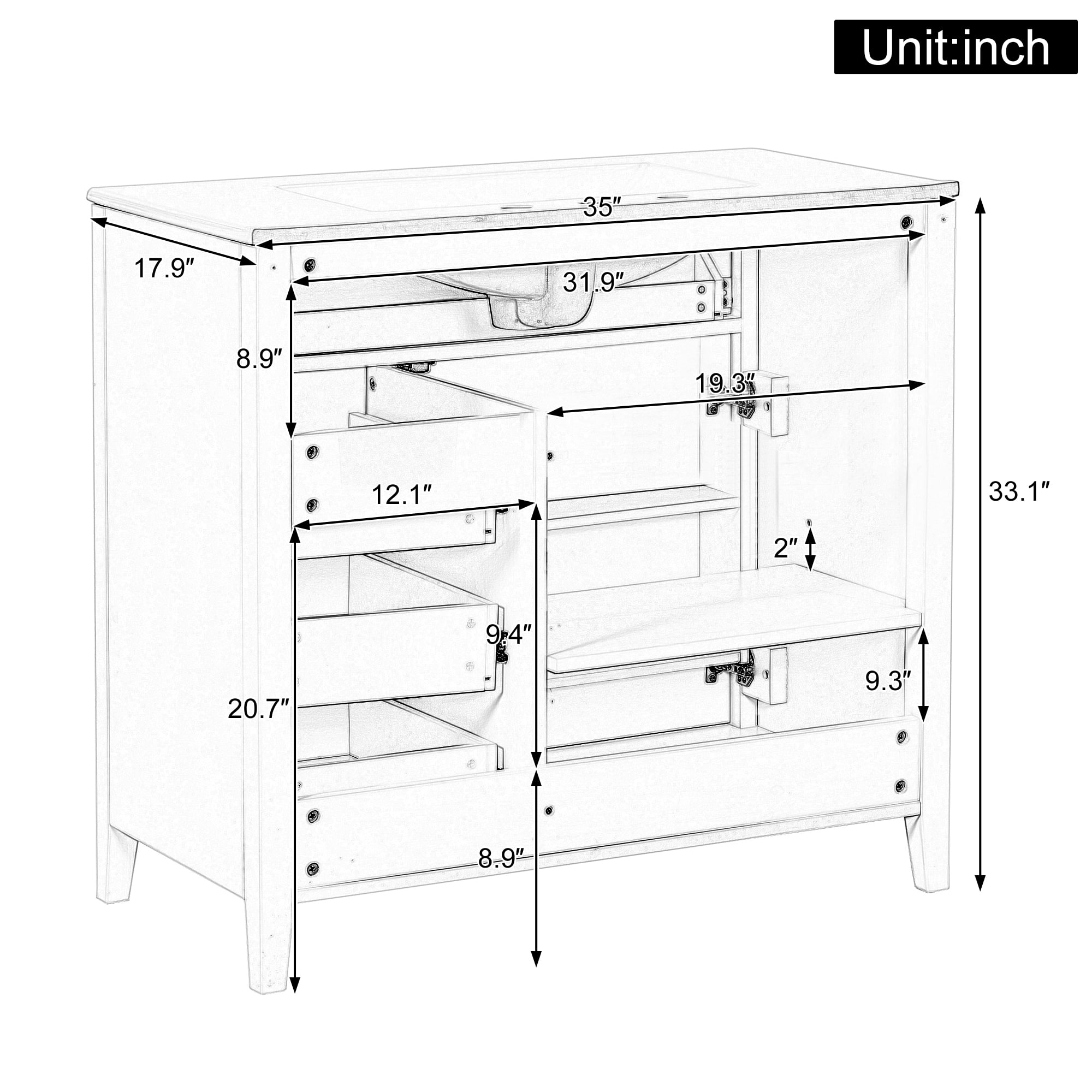 Anpport 36" Freestanding Bathroom Vanity with Sink, Modern MDF & Rubberwood Cabinet, 3 Drawers, Adjustable Shelf & Left‑Side Door, Grey