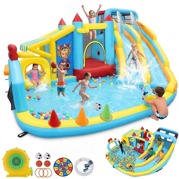 Adnoom Water Slide for Big Kids, 18-in-1 Water Park Bounce House with 680W Blower, Inflatable Bouncy Castle with Dual Slides, Big Splash Pool, and Corner Store for Backyard Party Gifts