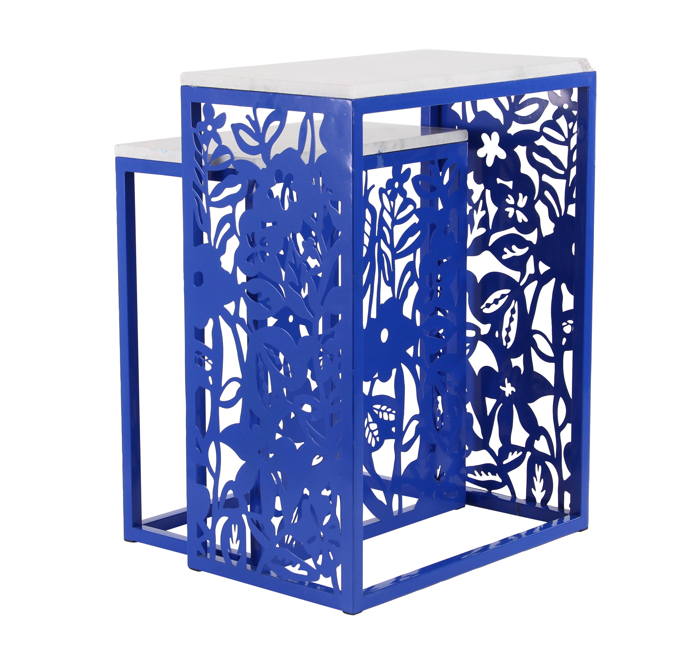 Eclectic 22 And 27 Inch Rectangular Iron And Marble End Tables Set of