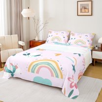 Homewish Cute Rainbow 4pcs Bed Sheets For Children Teens Girls,Dreamy Princess King Sheets,Kawaii Cartoon Flowers Super Cozy Sheet Set,Super Cozy Room Decor