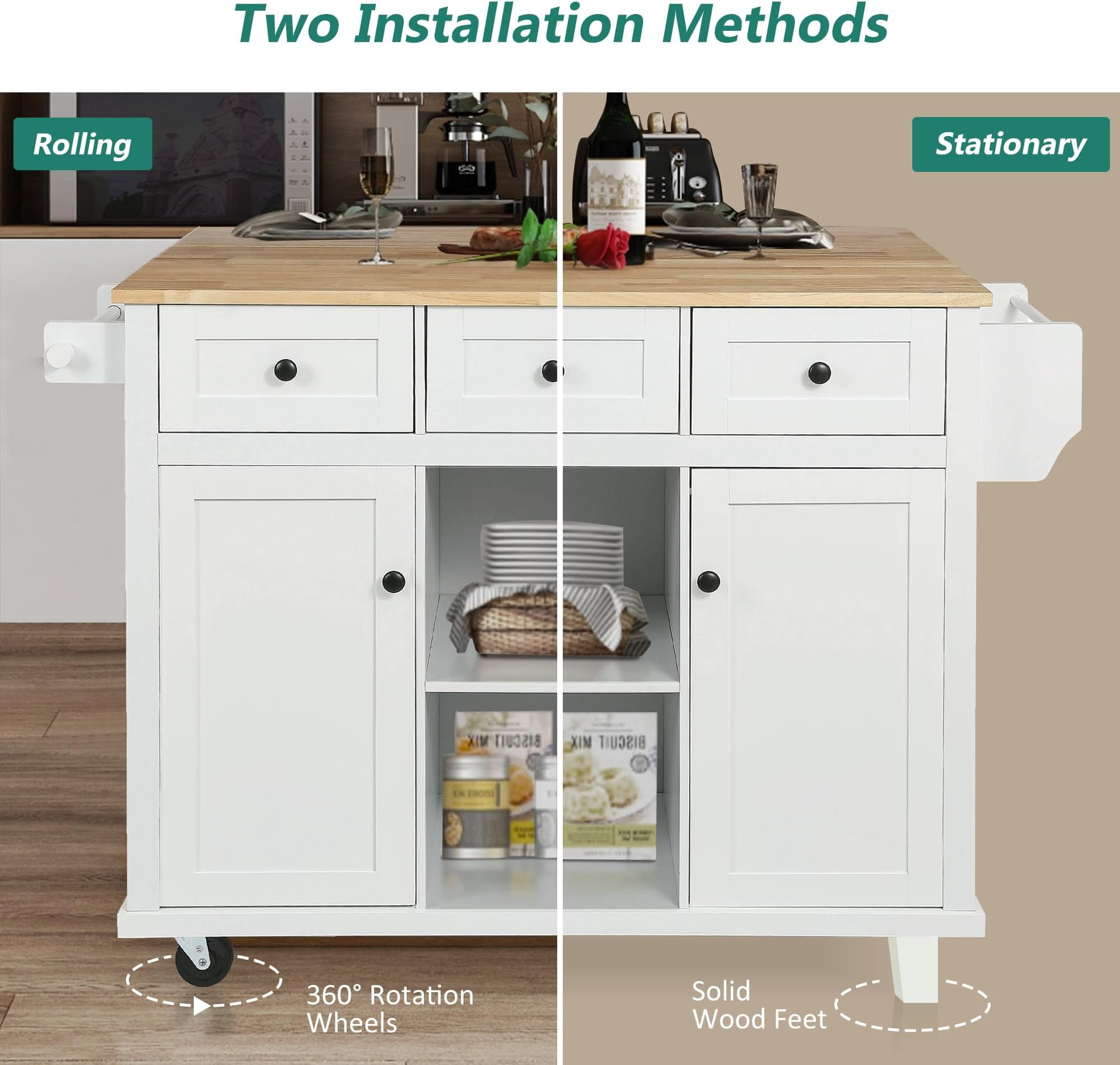 JESTOP Rolling Kitchen Island with 3 Drawers and 2 Cabinets, Kitchen Cart on Wheels with Drop Leaf, Wood Portable Trolley Island with Cabinet Door Storage Racks, for Dinning Room