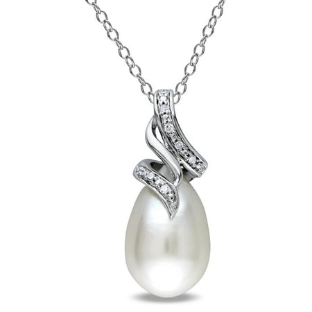 - Sterling Silver Cultured Freshwater White Pearl and Diamond Accent Drop Necklace (9-9.5 mm)