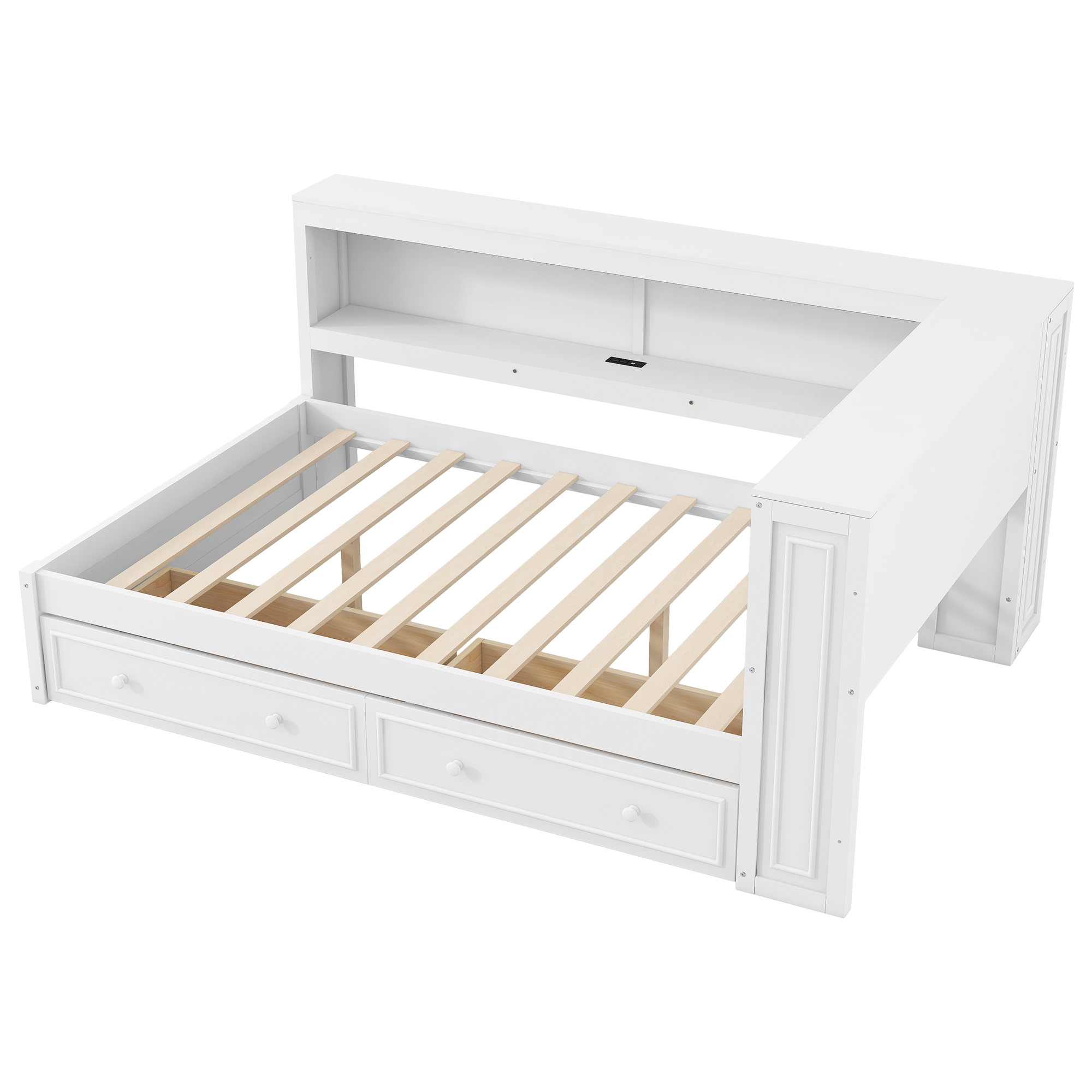 Euroco Full Size Wood Daybed with Storage Shelves and Drawers, Platform Bed with LED Light and USB Ports, White