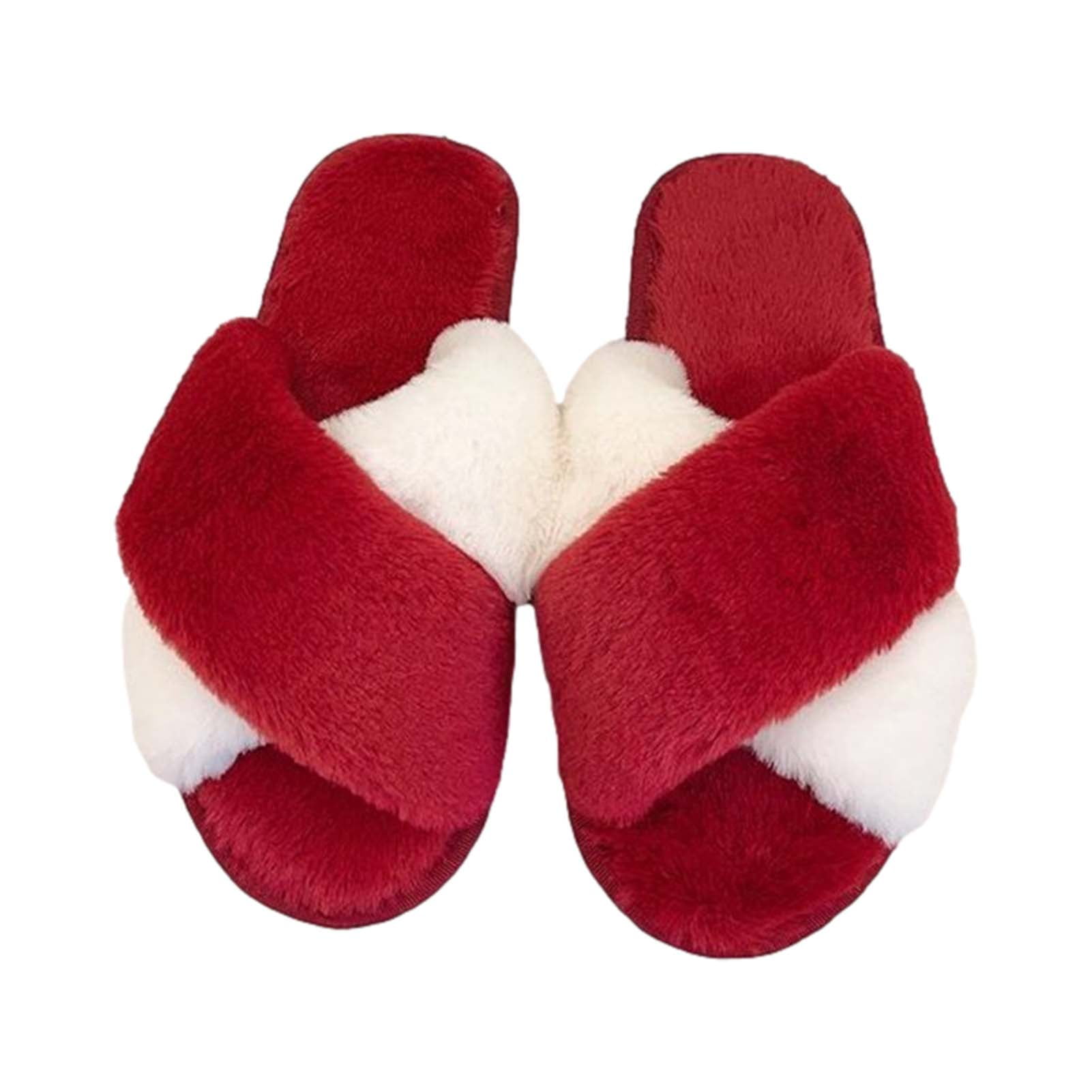 Women＇s Cross Band Slippers Color contrast Soft Plush Furry Shoes ...