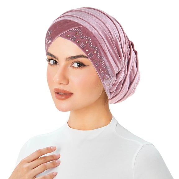 Fewfanhot Women's Rhinestone Embellished Velvet Turban Hat Pleated Pre-Tied Headscarf for Chemo, Fashion Daily Wear, Special Occasions