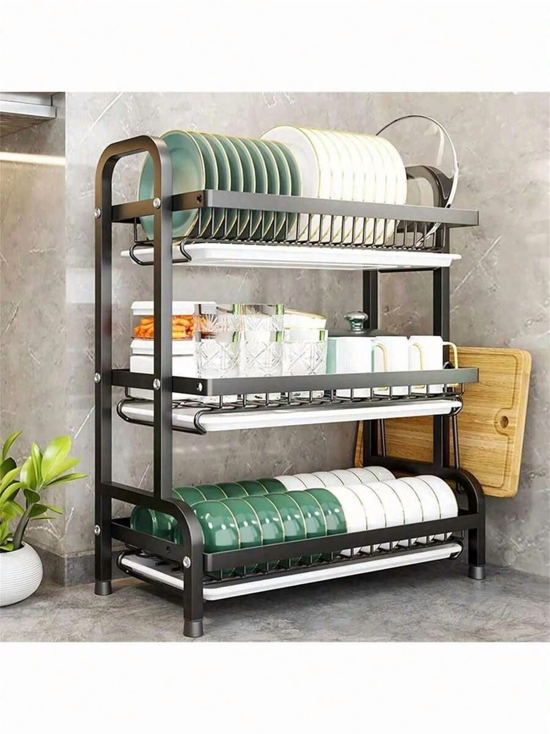 3-Layer Kitchen Dish Drying Rack in Black with Drain Board for Home Essentials