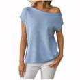 thumbnail image 2 of Zedker Womens Off One Shoulder Sweater Short Sleeve Casual Loose Knit Trendy Tops,Plus Size Light Blue L, 2 of 8