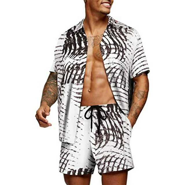 Faithtur Men's Hawaii Shirt Suits, Fashion Printed Button Down Short Sleeve Shirt + Beach Shorts Set