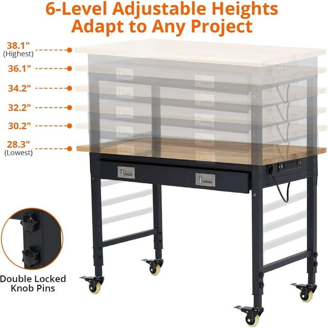 GloryStar Établi 48"x 24 Pouces pour Garage, Poste de Travail Robuste avec Prises Électriques, Table d'Atelier en Caoutchouc avec 4 Roues Verrouillables, Établi en Bois Dur pour Atelier - Capacité de Charge 2000LBS