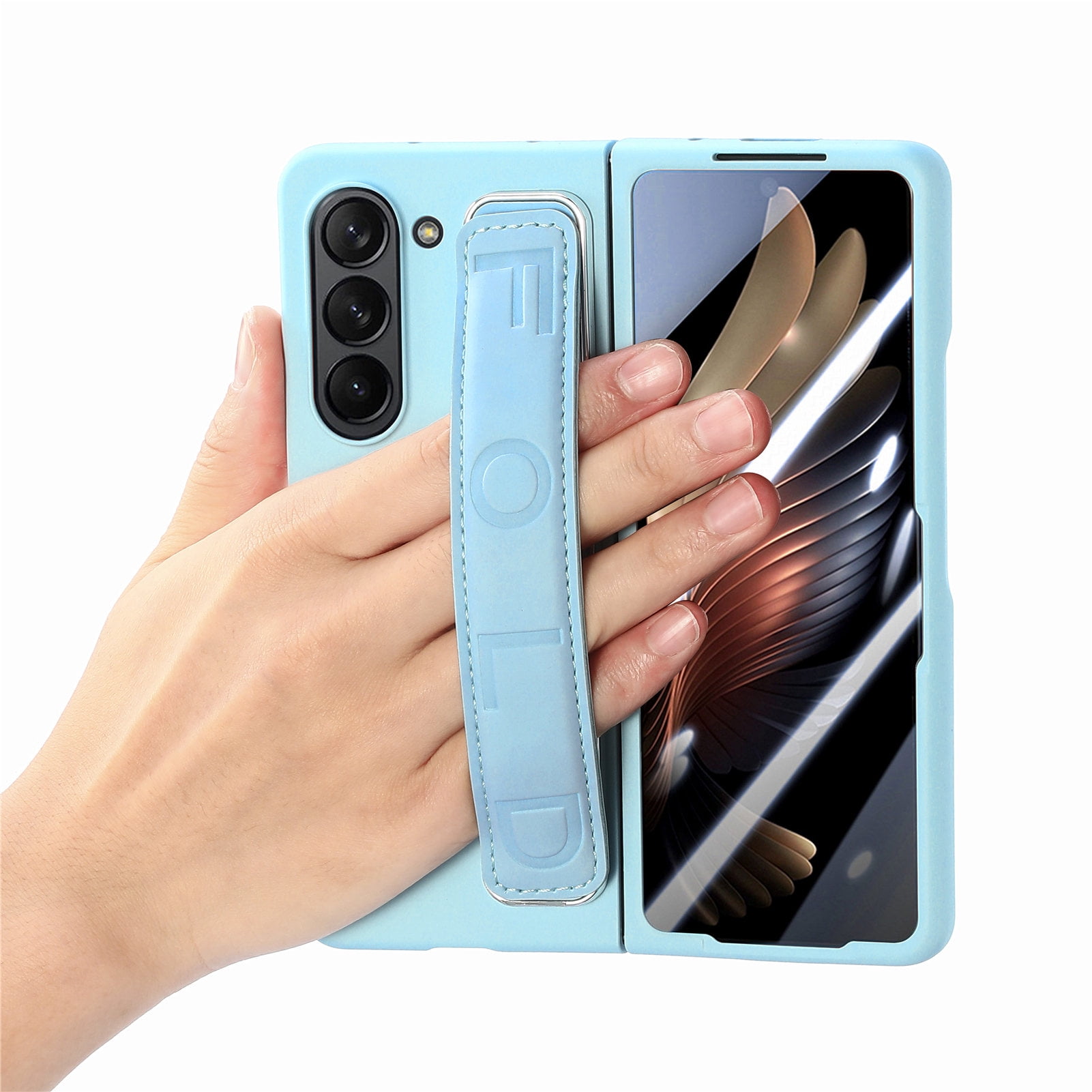 for Samsung Galaxy Z Fold 5 Case with Strap, [Non Slip Silicone Touch] Slim Protective Phone Case with Elastic Finger Wristband, Shockproof PC Cover for Samsung Galaxy Z Fold 5 2023 - Light Blue