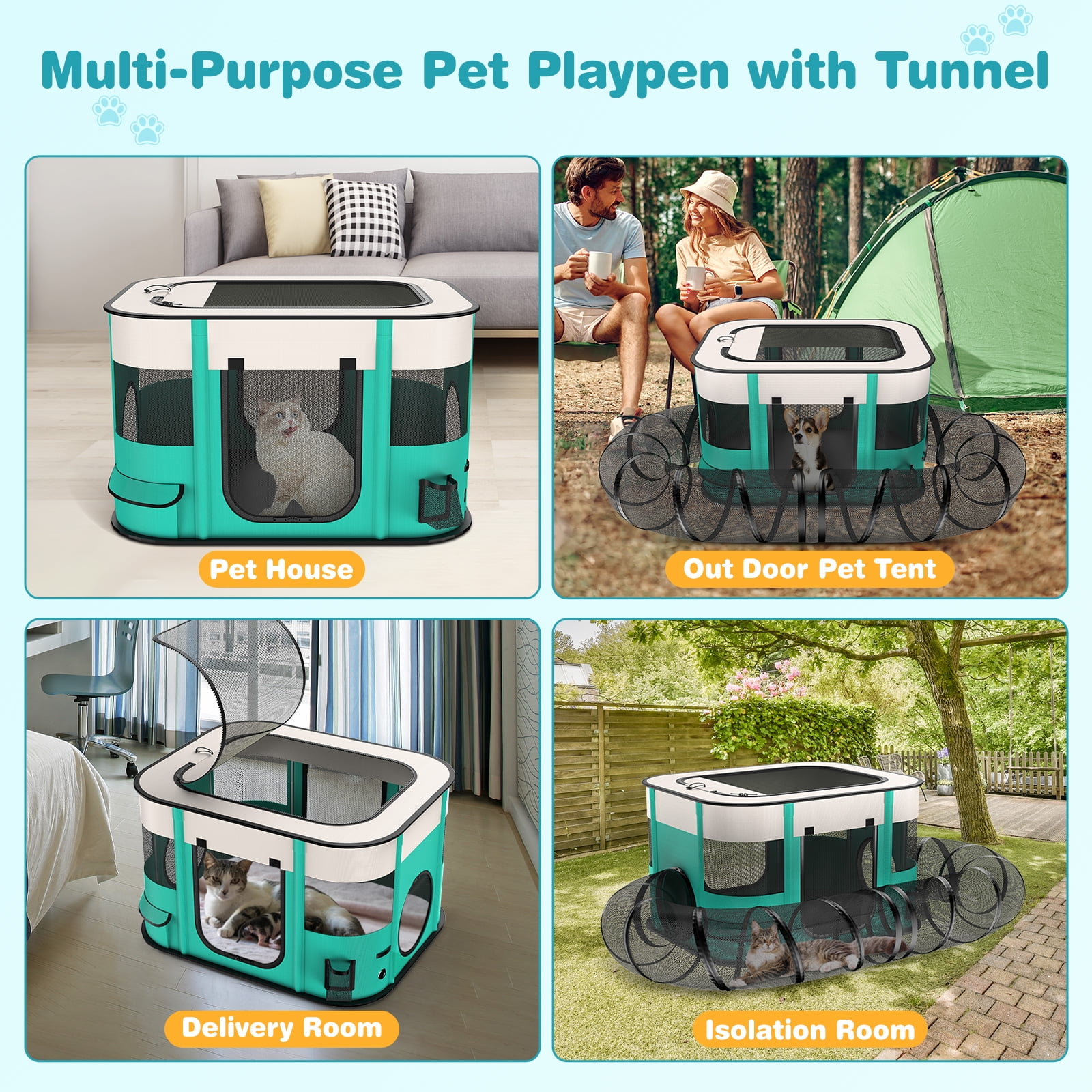 BEBANG Outdoor Cat Enclosure, Portable Dog Playpen with Removable Tunne, Indoor Outdoor Cat Kennel Tent Crate for Small Animals, L