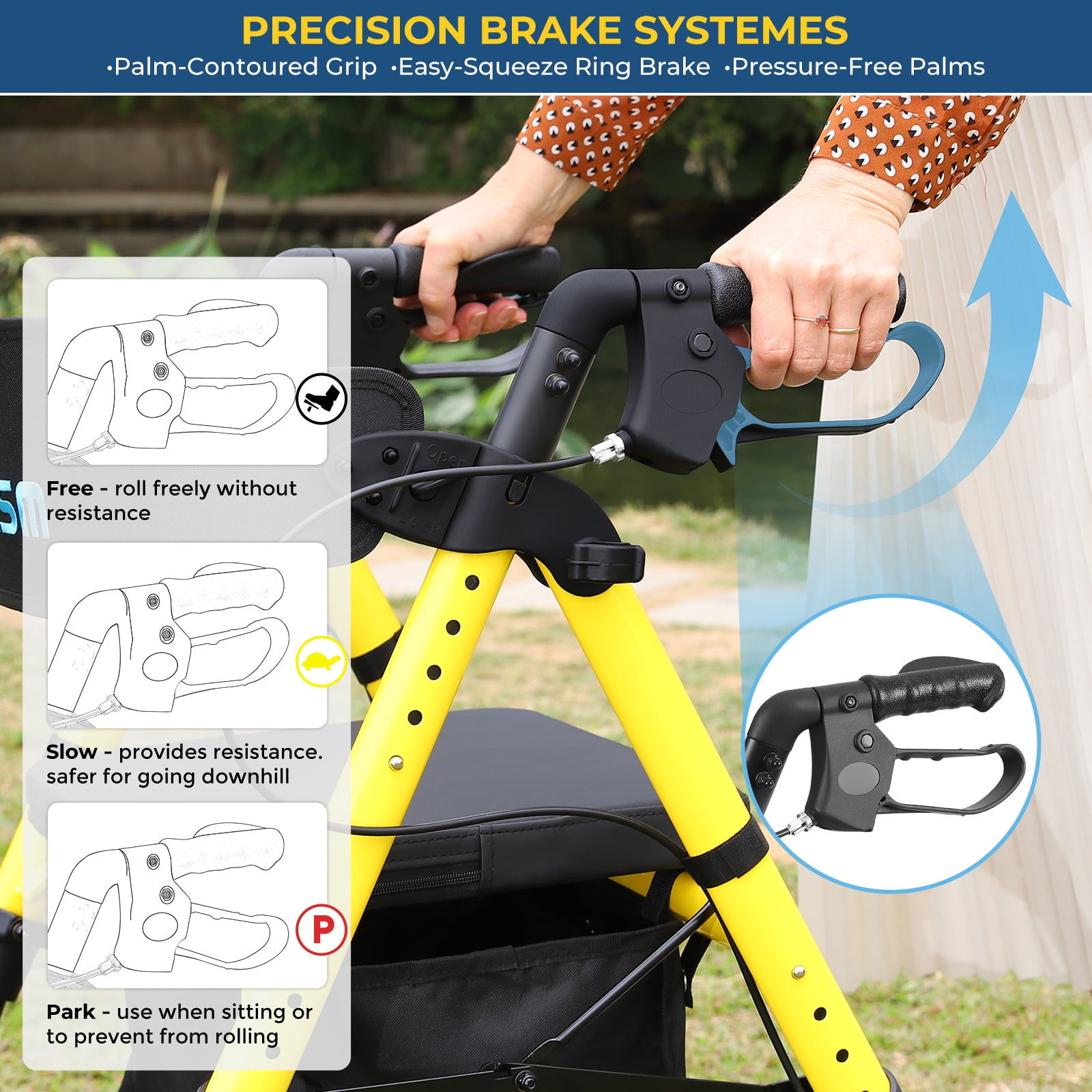 Lightweight Foldable Rollator Walkers for Seniors with Seat - Adult Rolling Walker with Seat and Brakes, 300 lb Capacity, All Terrain 8" Big Roller Wheels, Adjustable Handles and Seat Height, Yellow