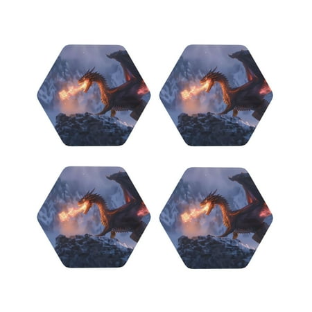 

Honeii Winter Fire Dragon Print Leather Coaster Set of 4 Ideal for Safeguarding Your Furniture from Drinks Spills and Effortless Cleanup-Hexagon