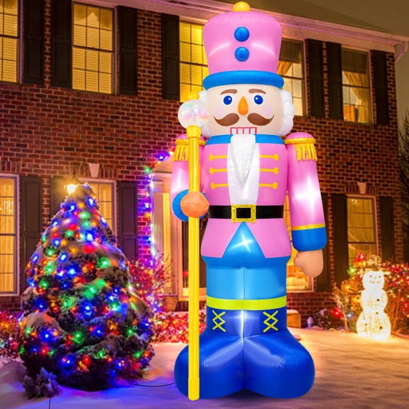 scurora 12FT Giant Christmas Inflatable Decoration Outdoor, Pink Nutcracker Hold Cane Blow Up with Built-in LED Lights, Nutcracker Christmas Inflatable for Yard Lawn Xmas Party