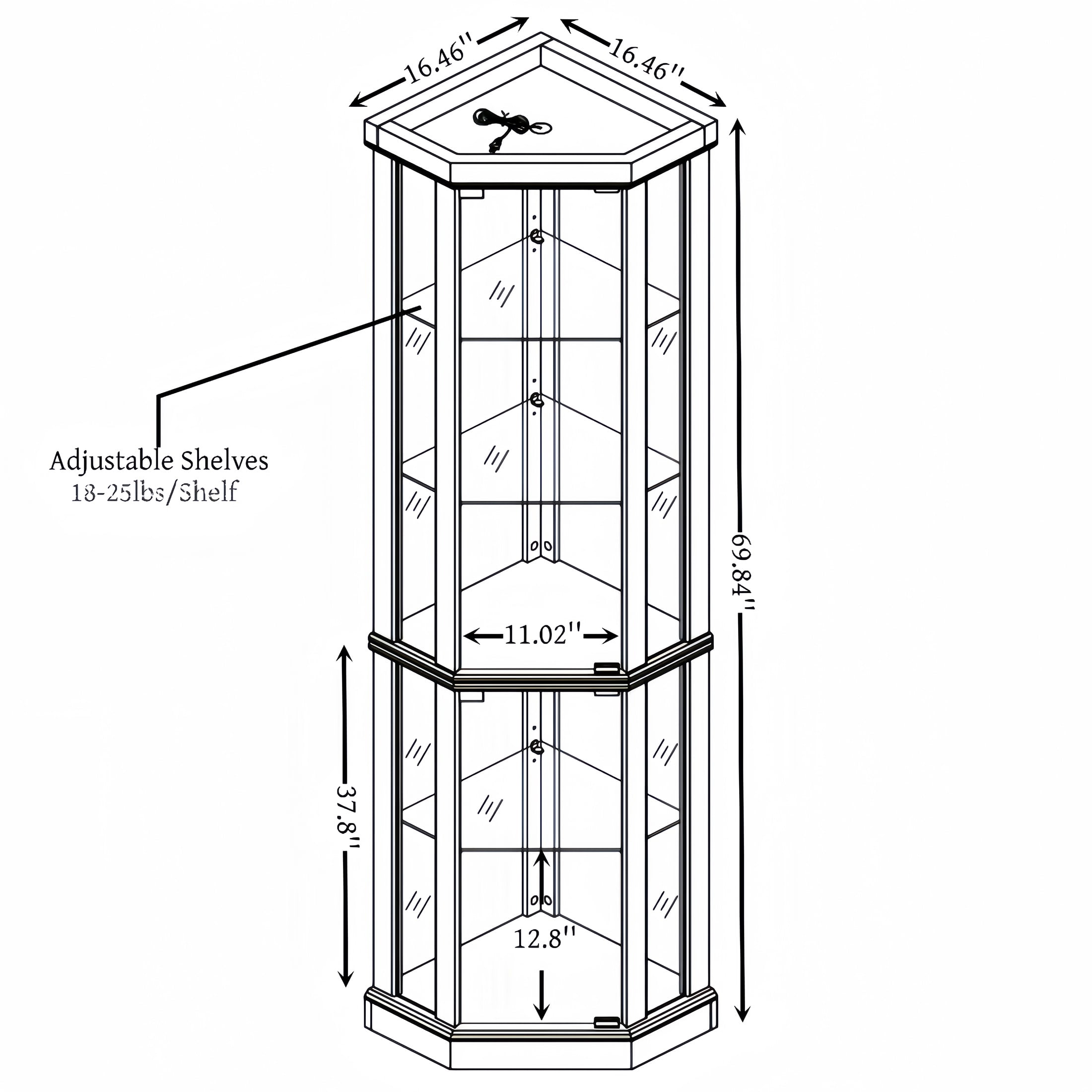 PORKISS Lighted 3-Side Glass Display Curio Cabinet with Tempered Glass Doors and Shelves, China Cabinet Wood Corner Cabinet with Bulb, Corner Curio Storage Rack for Bar, Liquor Storage, Dark Oak