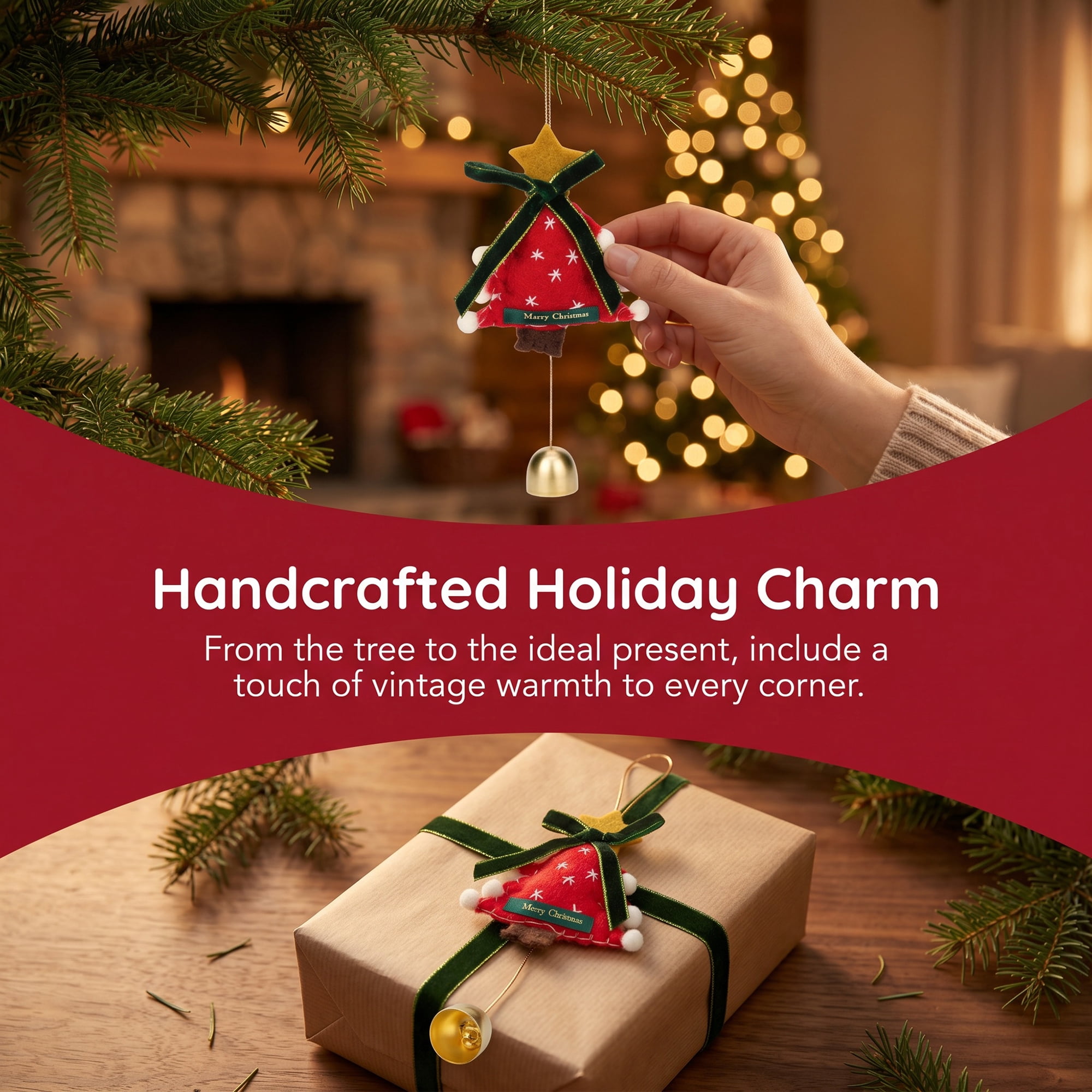 Unique Bargains 2Pcs Protection Velvet Hanging Metal Bells Copper Red Tree Decor 3.5"L x 0.8"W x 6.3"H