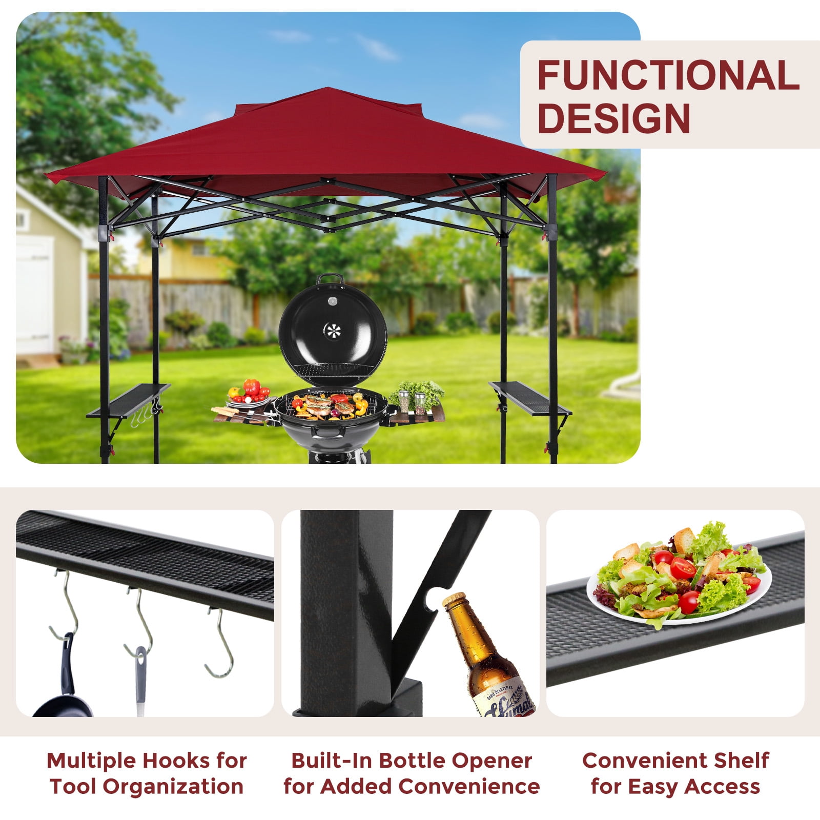 INTER HUT 8 x 5 Pop-up Grill Gazebo, Outdoor Portable BBQ Grill Patio Canopy, with Carrying Bag, Red