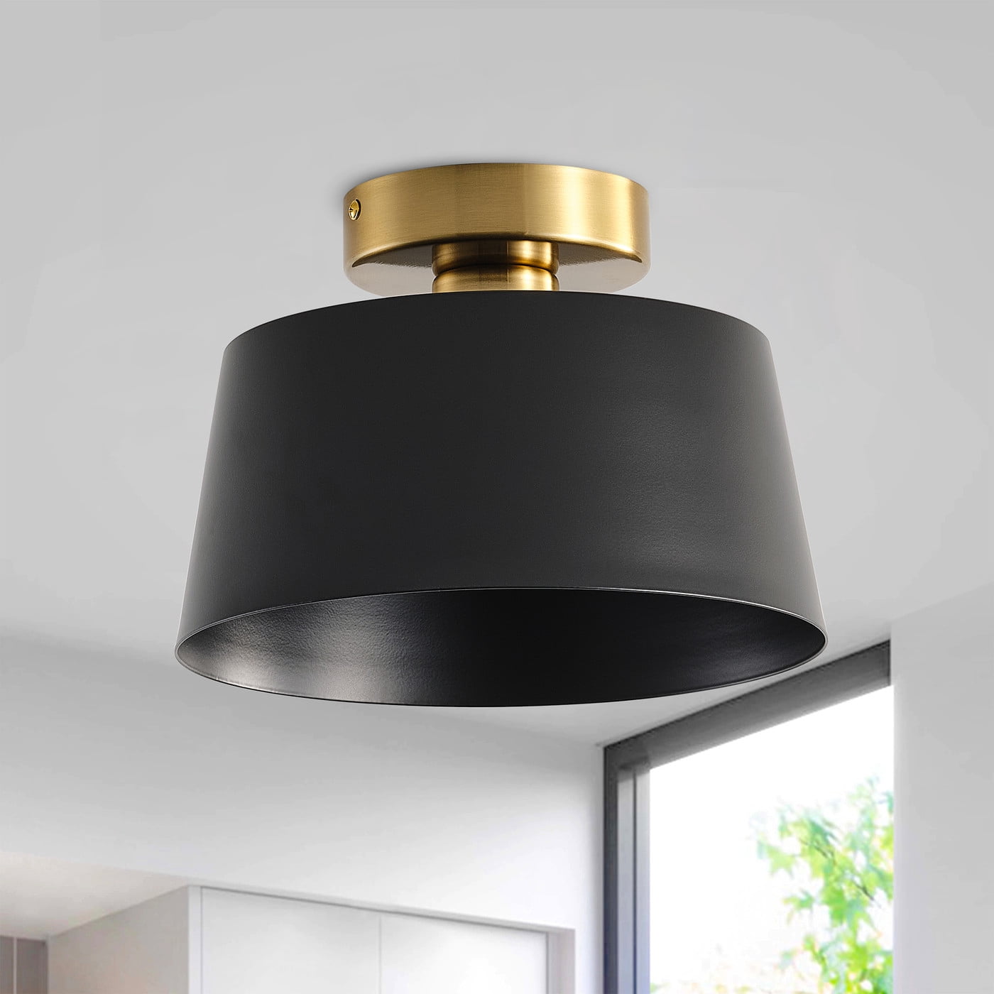 Aiwen Semi Flush Mount Ceiling Light Fixture Drum Light With Black Metal Shade Modern Lighting For Bedroom Hallway Living Room