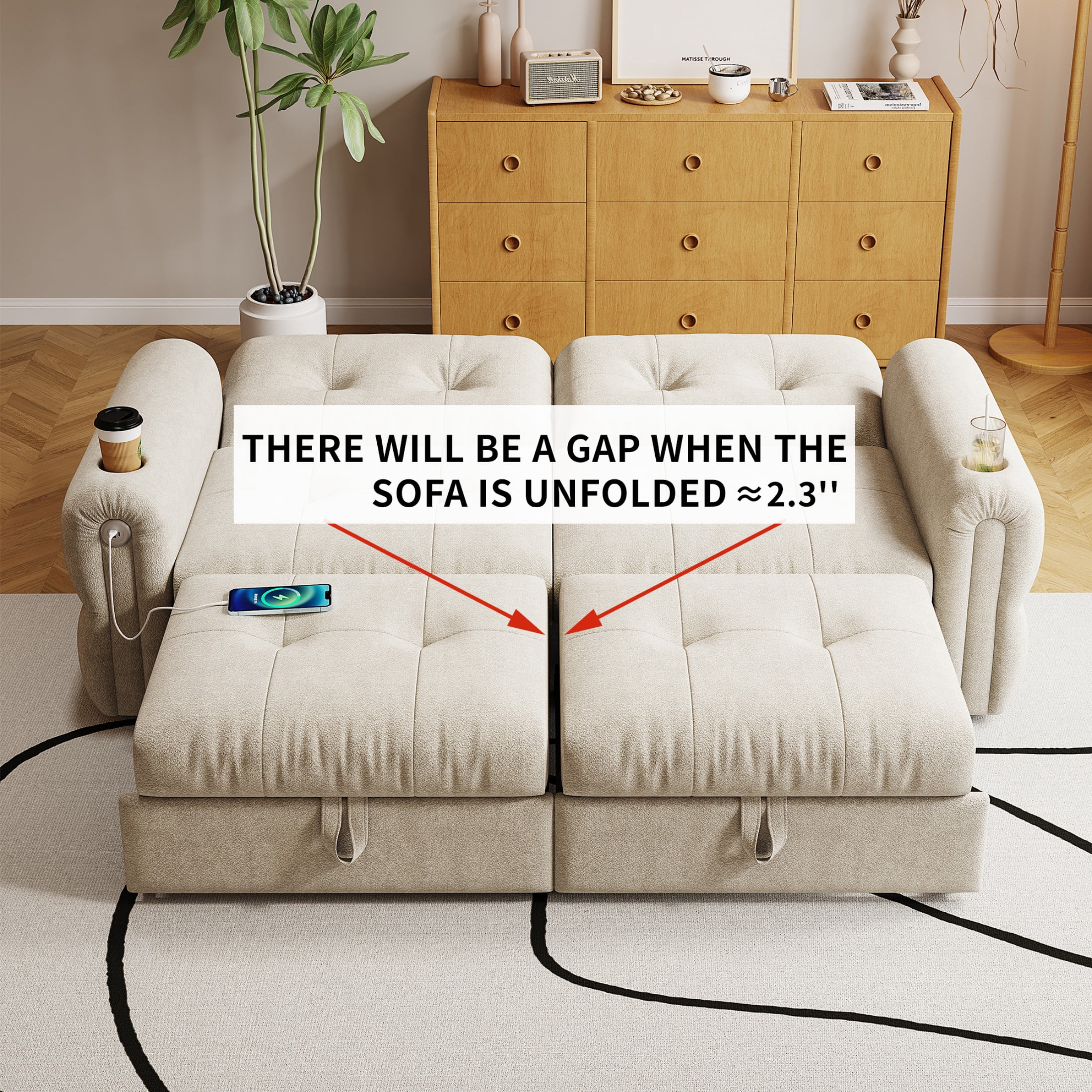 77" Queen Size Sofa Bed, Loveseat Sleeper Sofa with Pull Out Bed and USB, 2 Seater Convertible Small Couch for Living Room Bedroom Apartment (Beige, Chenille)