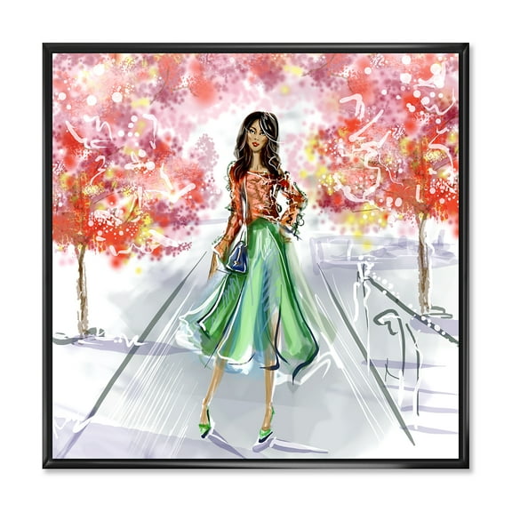 Designart 'Beautiful Woman Wearing Fashionable Clothes In Park' Traditional Framed Canvas Wall Art Print