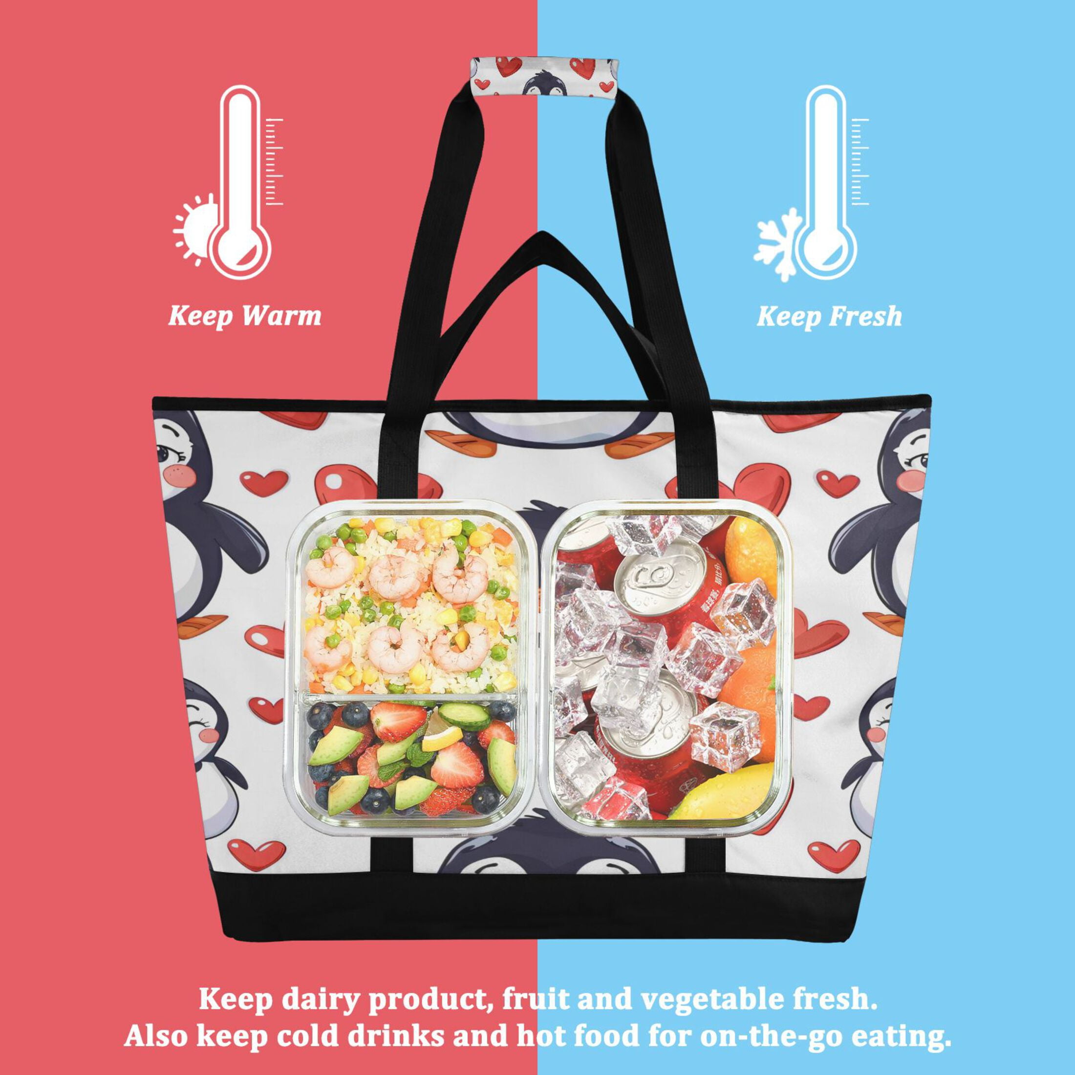 Large Hand-held Ice Pack Picnic Bag Insulation and Refrigeration Suitable for Shopping Picnics and Camping Love Penguin
