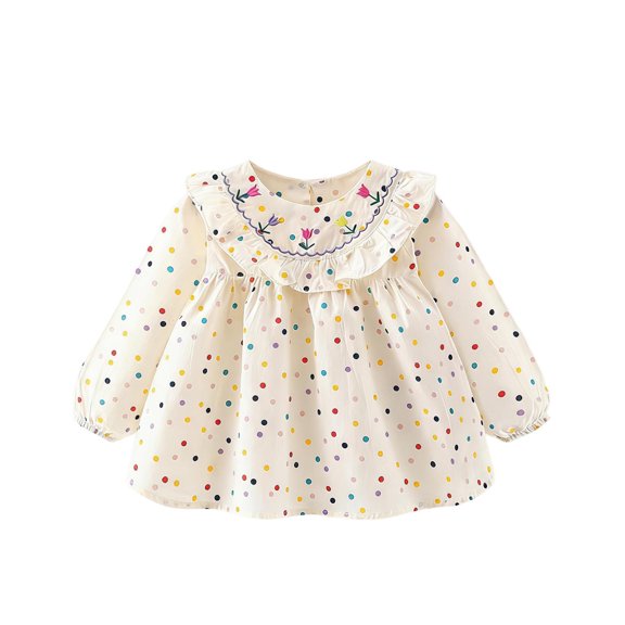 Qingpeng Girls Long Sleeve Polka Dot Dress Ruffle Collar Flower Embroidery A Line Casual Wear for Girls