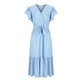 thumbnail image 5 of Kaemgyyd Chiffon Dress for Women Wrap V Neck Ruffle Short Sleeve Midi Dress Casual Loose Belt A-Line Flowy Beach Vaction Dress, 5 of 6