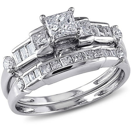 1 Carat T.W. Princess and Parallel Baguette- with Round-Cut Diamond 14kt White Gold Bridal Set