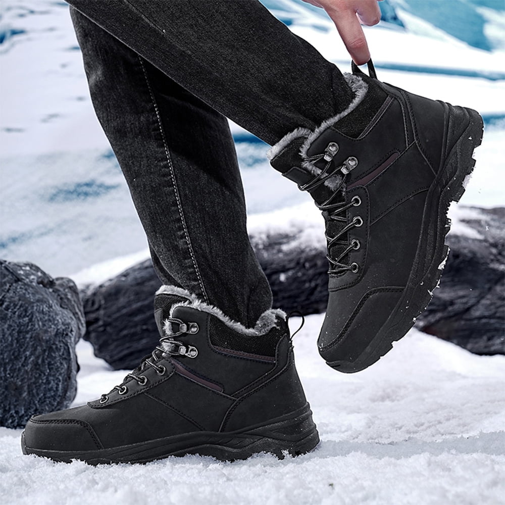 Men's Snow Boots Winter Outdoor Shoes Warm Fur Lined Hiking Waterproof Anti-Slip Lightweight Ankle Booties Black 11 US