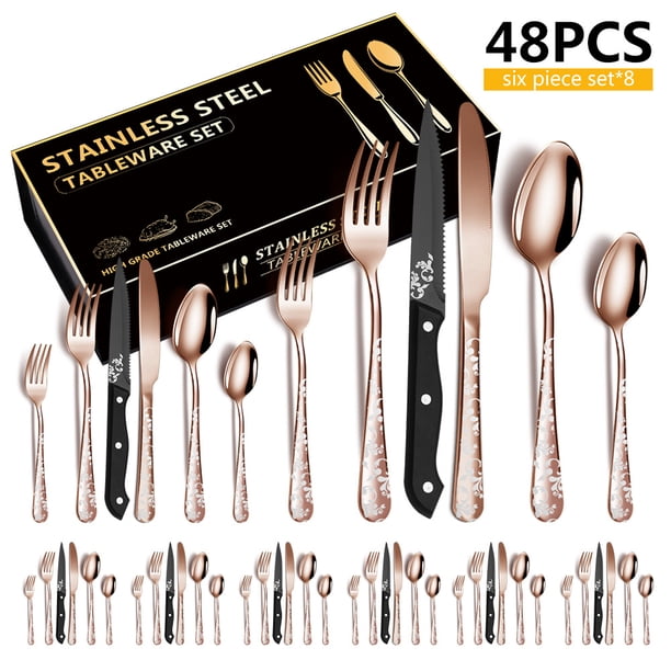 Juego de 48 cubiertos de acero inoxidable, juego de cubiertos pulidos con espejo, 8 cuchillos para c Meterk Rosa Dorado