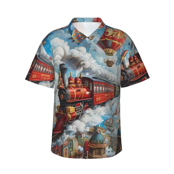 Fotbe Red Train Hot Air Balloon Camisa Hawaiana para Hombre Unisex – Camisa Casual de Verano con Botones de Manga Corta de Algodón y Lino,Large