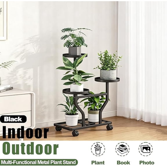 Plant Stand with Wheels, Black 3 Tier Metal Plant Shelf for Indoor Outdoor | Corner Plants Stand Indoor for Bedroom Living Room, Outdoor Plant Stand for Garden Balcony Yard, Holds 3-5 Pots of Plants