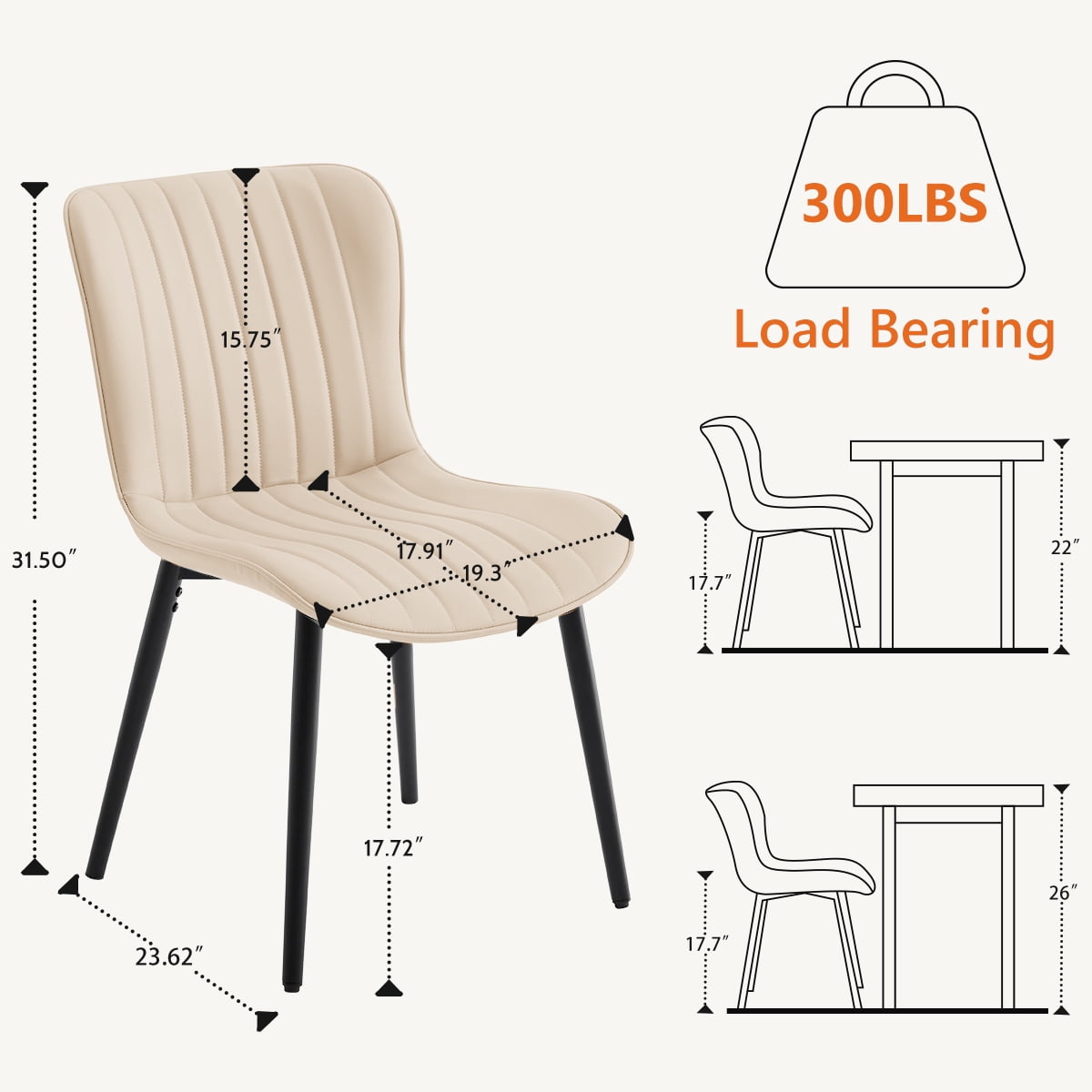 Modern Dining Chairs Set of 4, PU Leather Upholstered Kitchen Side Chairs with High Backrest, Heavy Duty, Cushions & Durable Metal Legs with Adjustable Feet for Kitchen, Dining Room,Restaurant,Beige