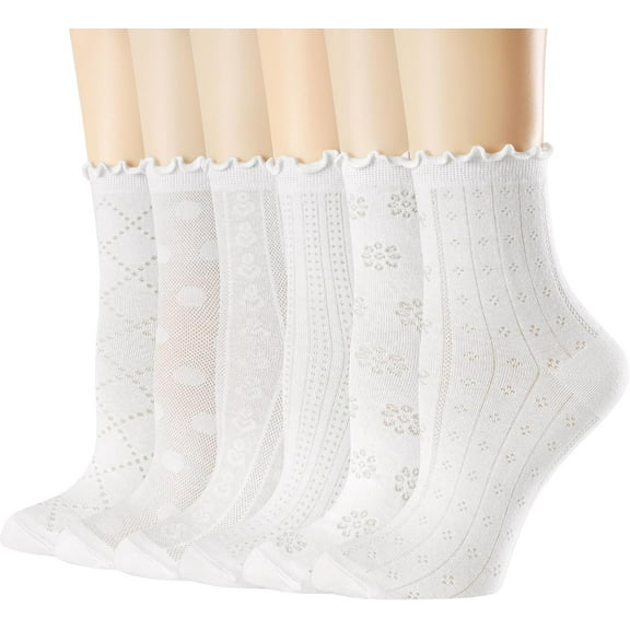 YooGuoGuo Women's Ruffle Socks Mesh Casual Lace Cotton Crew Summer Ultra Thin White Frilly Ankle Socks for Women 6 Pairs