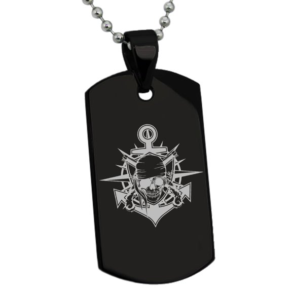 Stainless Steel Pirate Bandit Skull Anchor Engraved Dog Tag Pendant Necklace