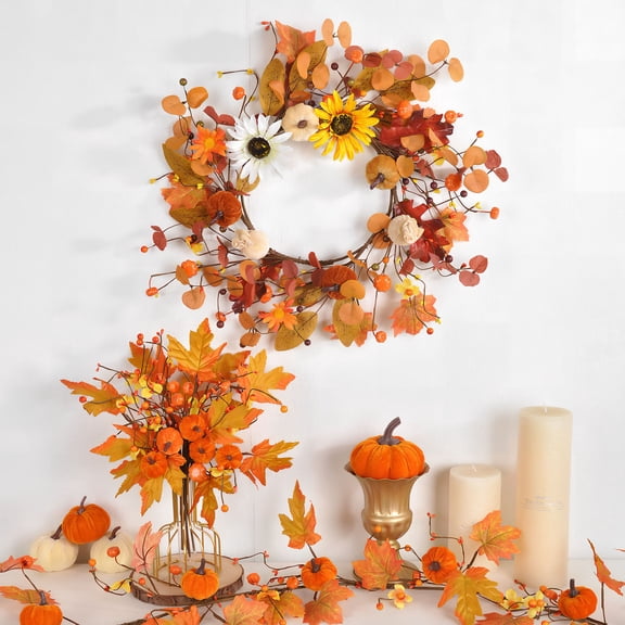 Bcylexb Fall Floral Wreaths for Front Door, 16.7" Artificial Maple Leaf Wreaths Realistic Hanging Door Wreath for Entry Porch Window Wall Indoor Outdoor Home Decor