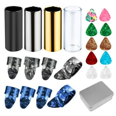 EEEkit Guitar Accessories with 4 Pcs Medium Guitar Slides, 10 Pcs Acoustic Guitar Picks, and 8 Pcs Plastic Thumb, 8 Pcs Finger Picks in Metal Box