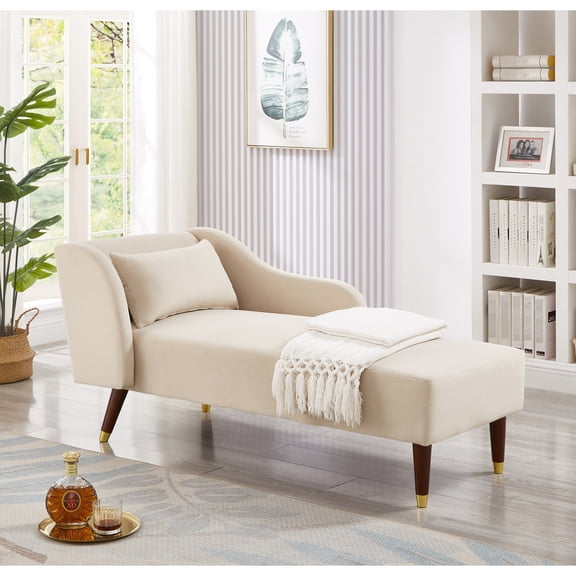 Modern Beige Velvet Chaise With Soft Foam And Stable Base Slip Pads On Legs