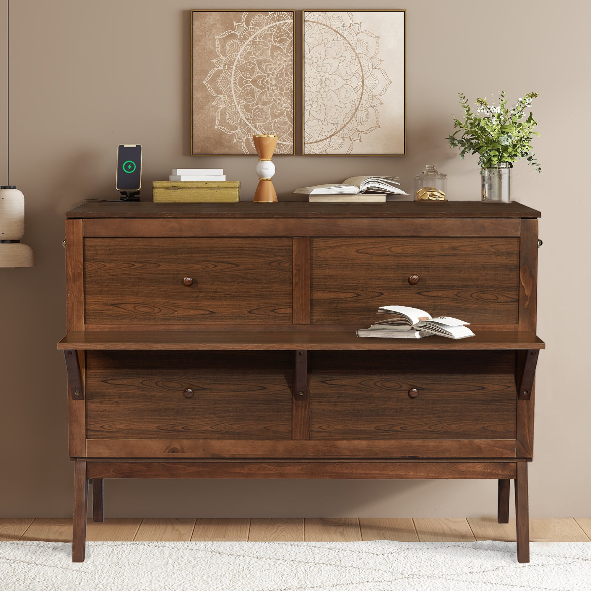 Sailvan Queen Size Murphy Bed with USB Port Shelves on Each Side, Solid Pine Murphy Cabinet Bed