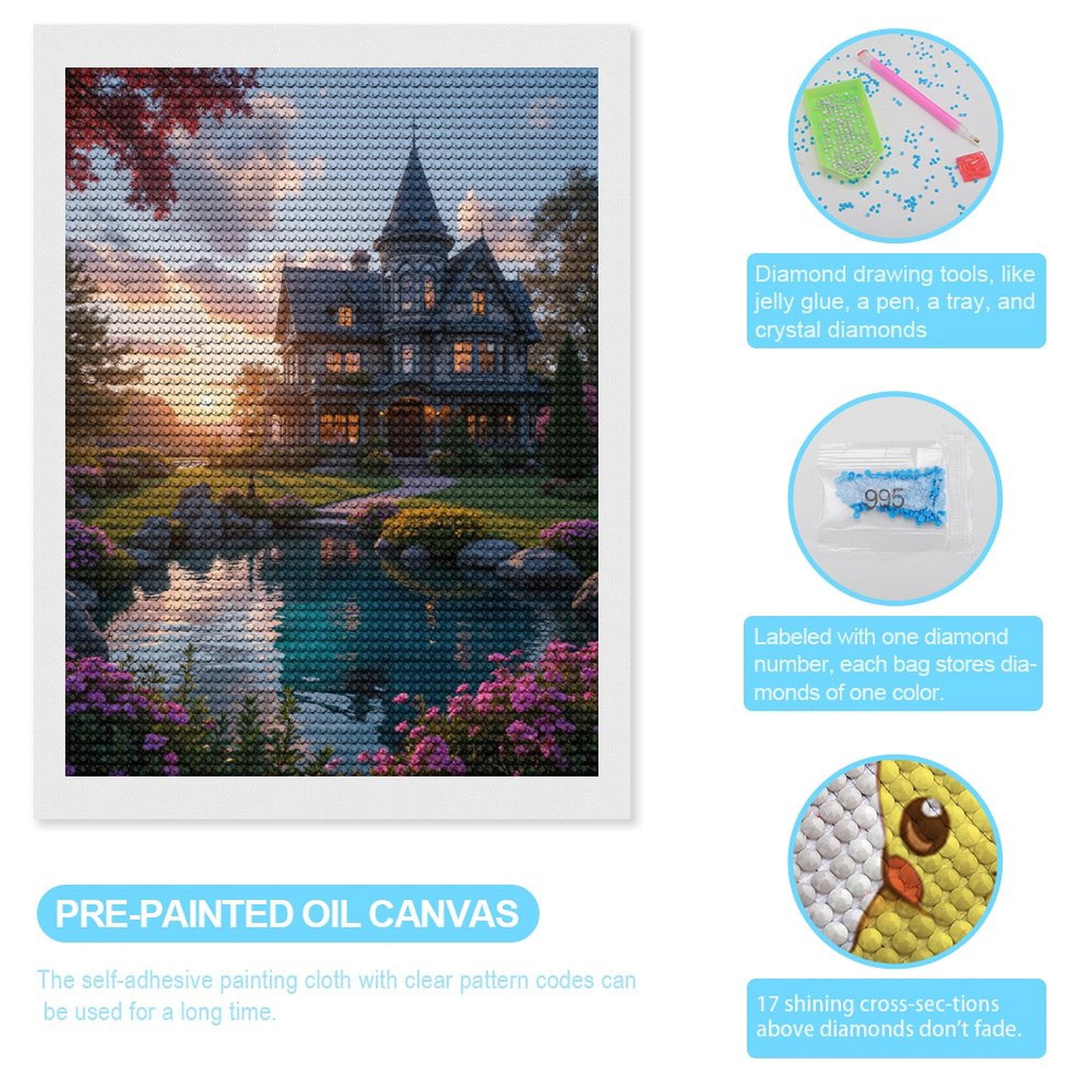 Diamond Art Kits for Adults, Victorian House Garden Sunset Scene 5D Diamond Painting Kits for Adults Beginners, DIY Full Drill Diamond Painting, Gem Art and Crafts 12x16