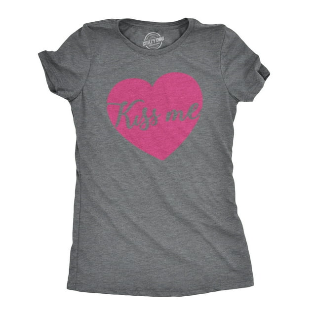 Womens Kiss Me Script Heart Cute \Relationship Flirting T shirt for Ladies (Dark Heather Grey) - S