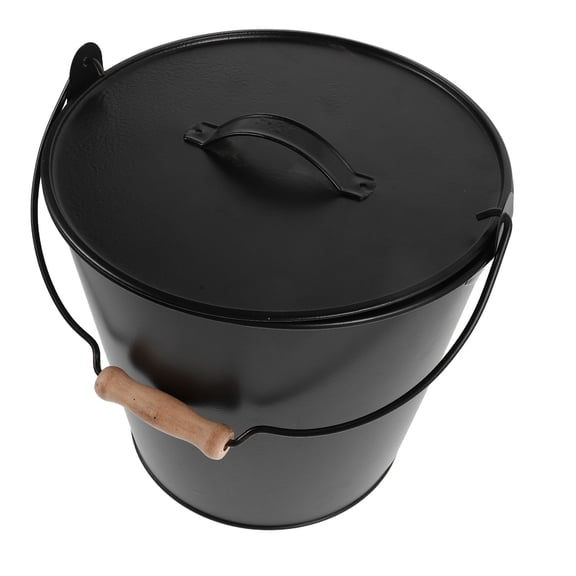 TITINICE Black Metal Fireplace Ash Bucket with Lid and Wooden Handle for Efficient Storage