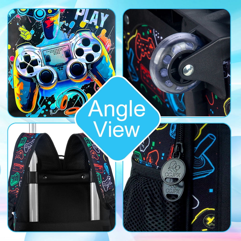 AGSDON 4PCS Boys Rolling Backpack, Cute Game Wheeled Bookbag, Roller School Bag with Wheels for Elementary Preschool Travel