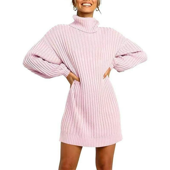 KZKR Women's Sweater Dress High Neck Knitted Pullover Dress Loose Casual Style