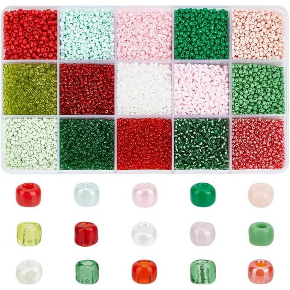 12000Pcs 15 Colors Glass Seed Beads Bulk 2mm Round Small Green Red Seed Beads Christmas Style Bead Kit Jade Gemstone Bead for Jewellery Making DIY Crafts Hole: 0.8mm Colorful