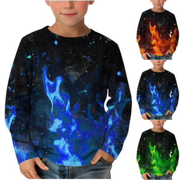 Rvasteizo Boys Long Sleeve Shirts Flame Print Crew Neck Long Sleeve Pullover Basic Wear for 3 to 14 Years Youth