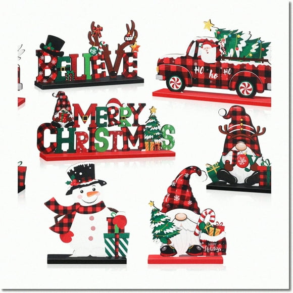 Jolly Table Garnitures : Centres de Table en Bois Festifs avec Bonhomme de Neige, Claus et Gnome - Parfait pour les Fêtes de Vacances en Rouge et Noir (6 Pcs)